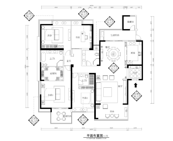 现代简约风格三居室住宅装修施工图+效果图-1