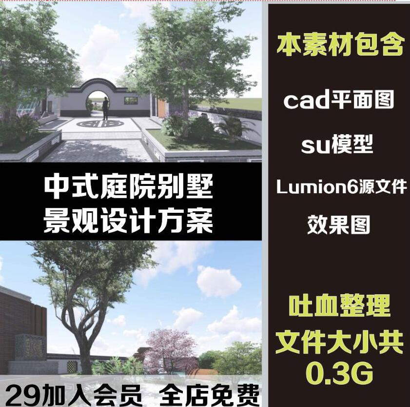 cad+su+lumion中式庭院草图大师别墅庭院民宿庭院景观设计方案-1