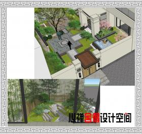 别墅度假村后花园园林景观日式庭院茶桌条石景墙草图大...