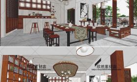 DB01161室内工装SU现代中式禅意会所餐厅餐馆庭院