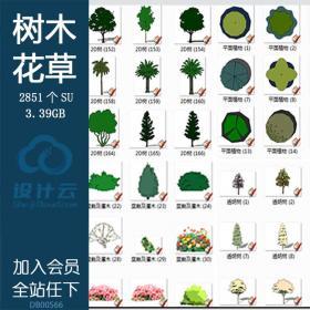 DB00566 园林景观植物2D3D树木花草手绘平面SU模型SketchUp草图...