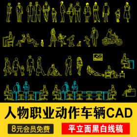 0463人物造型平面立面CAD图库图块站坐俯视人体工程设计素...