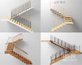 中式欧式现代楼梯3d模型旋转木质铁艺楼梯扶手栏杆3dmax模型