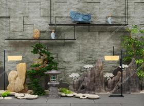中式假山松树摆件户外灯落地灯景观小品3D模型