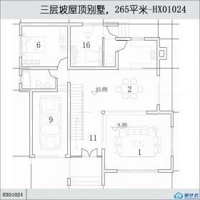 HX01024三层坡屋顶别墅，265平米