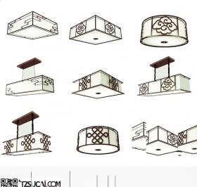 新中式灯3D模型中式风格客厅餐厅吊灯落地灯壁灯台灯