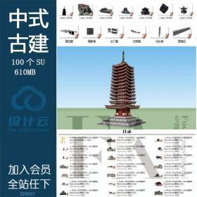 ZZ0037 中式日式风格古建筑方案设计SU模型木质花格门窗构...