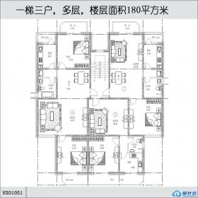 HX01051一梯三户，多层，楼层面积180平方米