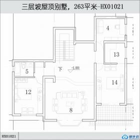 HX01021三层坡屋顶别墅，263平米-HX01021