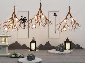 新中式树枝吊灯落地灯石头摆件组合3D模型