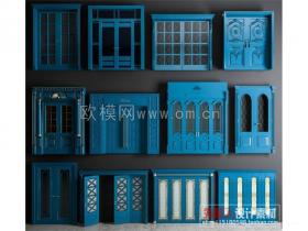 欧式蓝色实木雕花门组合3D模型ID：183038