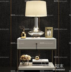 现代金属床头柜台灯花瓶相框组合3D模型