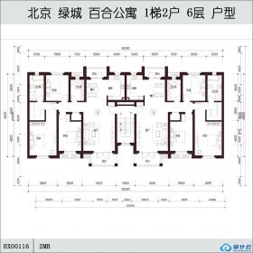 HX00116北京 绿城 百合公寓 1梯2户 6层 户型 南楼梯