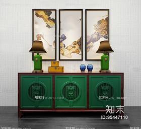 新中式玄关端景柜边柜台灯装饰画3D模型