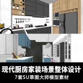 T1413现代风格家居家装厨房整体装修设计场景效果图 SketchUp...