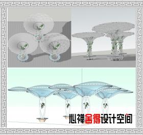 T1769现代城市商业广场景观构筑物廊架棚架坐凳太阳能树草...