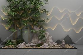 新中式假山竹子组合3D模型
