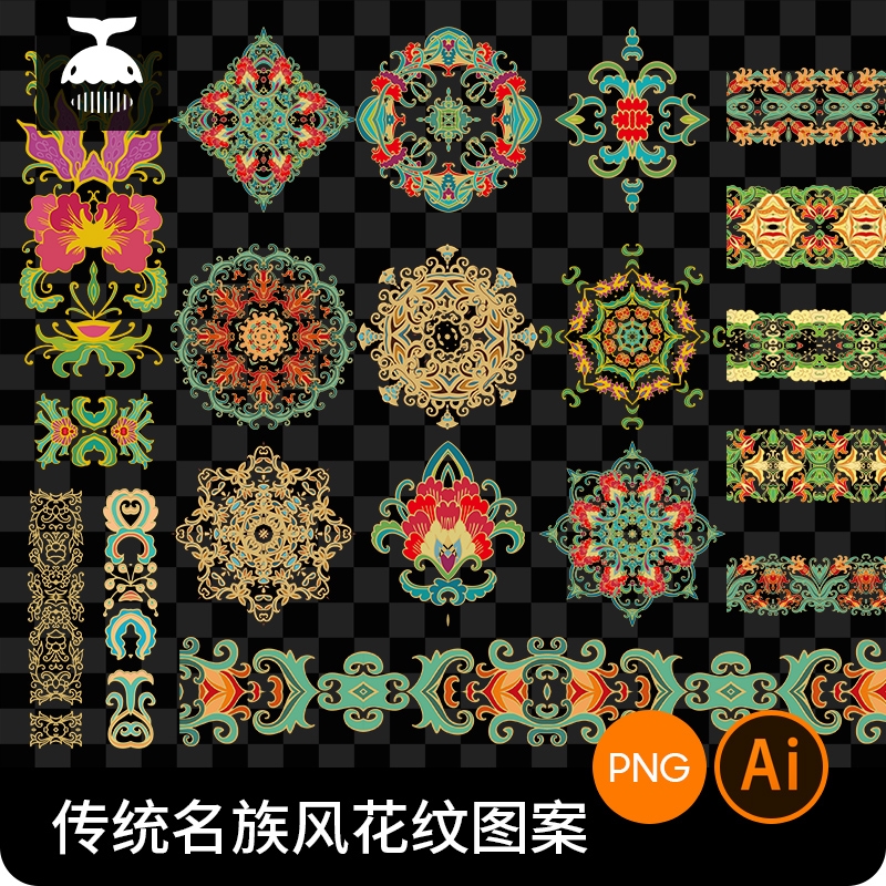 复古传统民族风植物藤蔓花纹花边装饰图案纹样AI矢量设计素材PNG-1