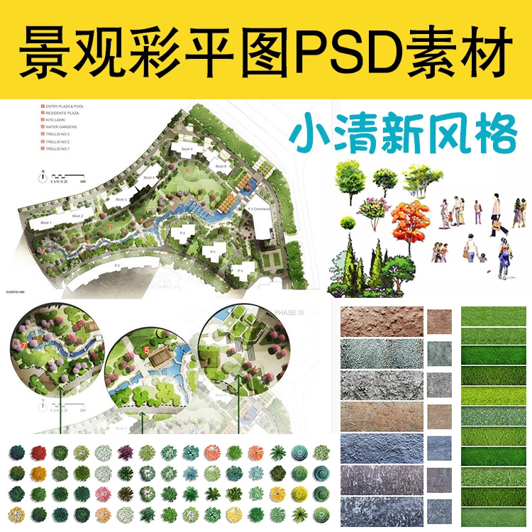 园林景观PS彩色总平面图案笔刷立面填充植物铺装psd分层设计素材-1