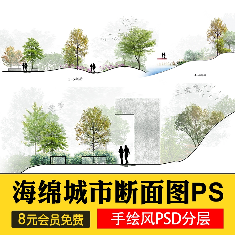 景观园林分析图断面PSD参考意向海绵城市区位植物小场景剖面分析-1