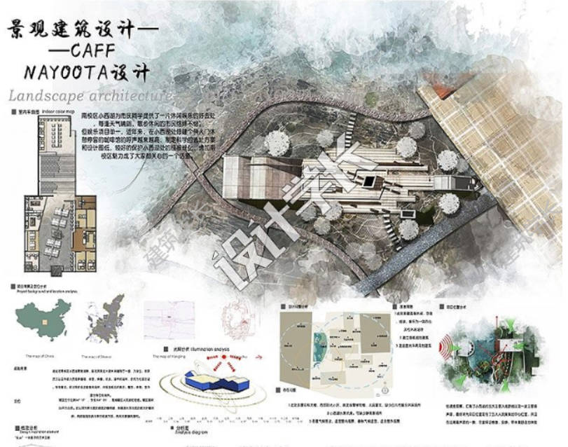 咖啡馆建筑景观室内A0展板2张CAD+SU+PPT图册效果图PS方-1