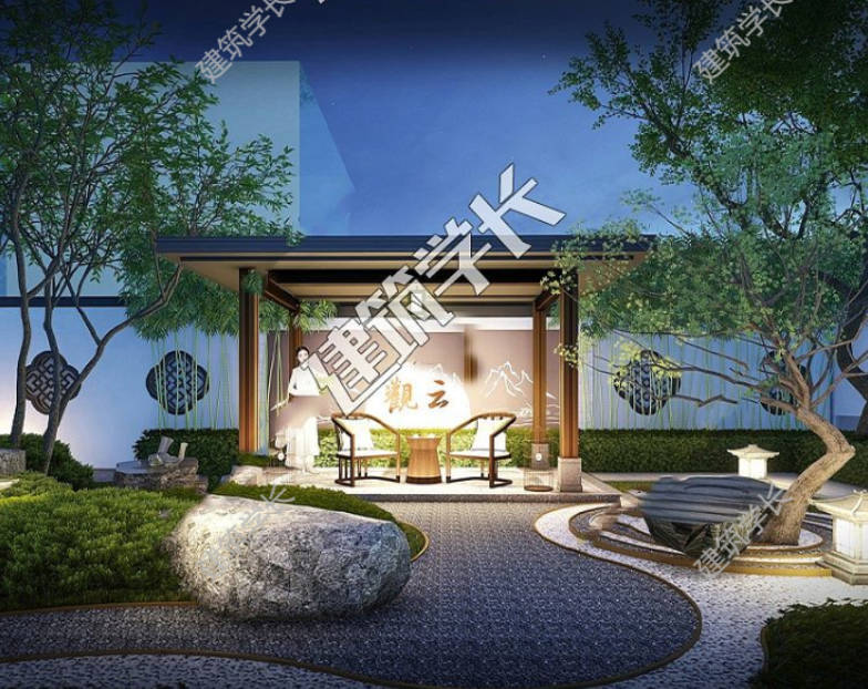 新中式别墅自建房SU模型庭院空中入户花园屋顶园林景观-1